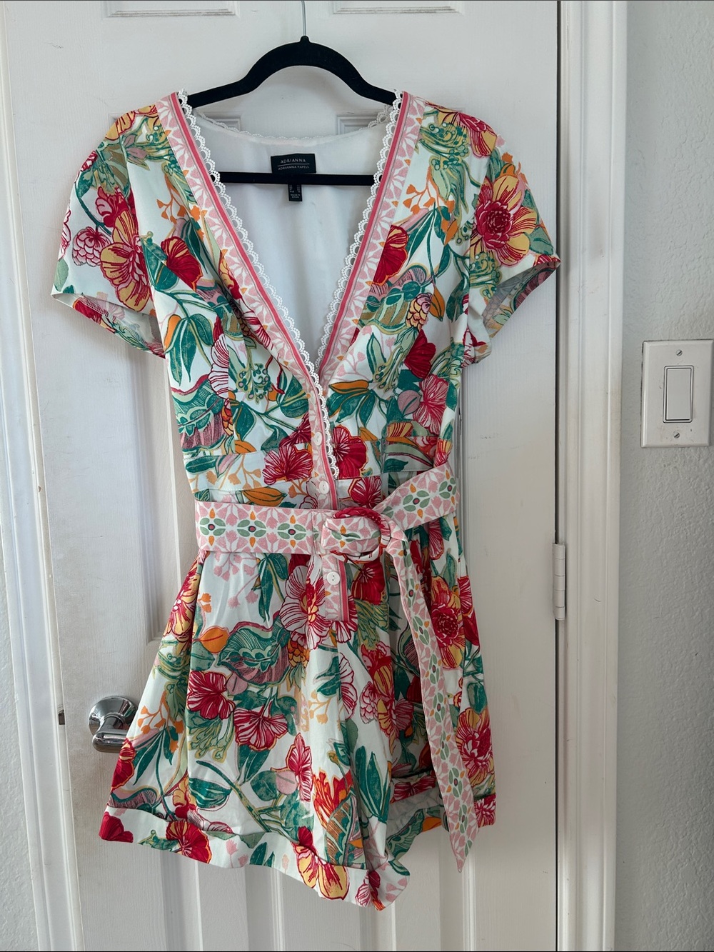NEW Adrianna Papell White Floral Romper with Red, Green & Yellow Accents